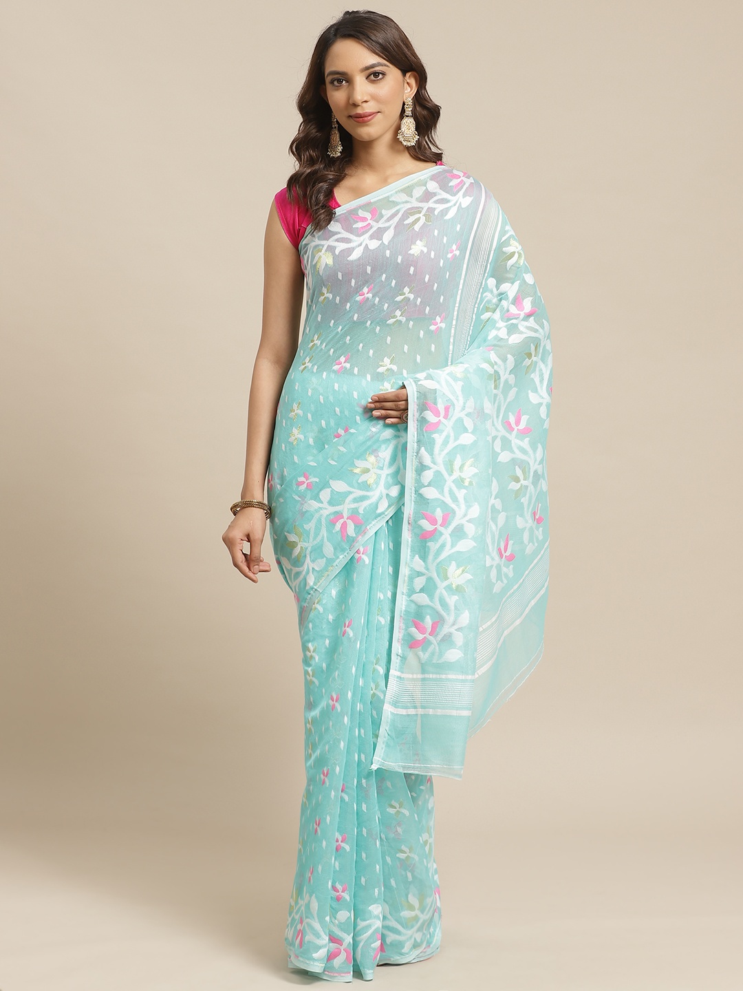 

Laa Calcutta Sea Green & White Woven Design Handloom Jamdani Saree