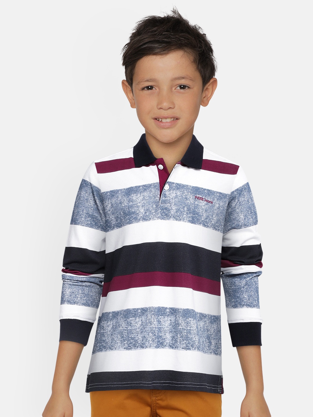 

Pepe Jeans Boys Navy Blue Striped Polo Collar T-shirt