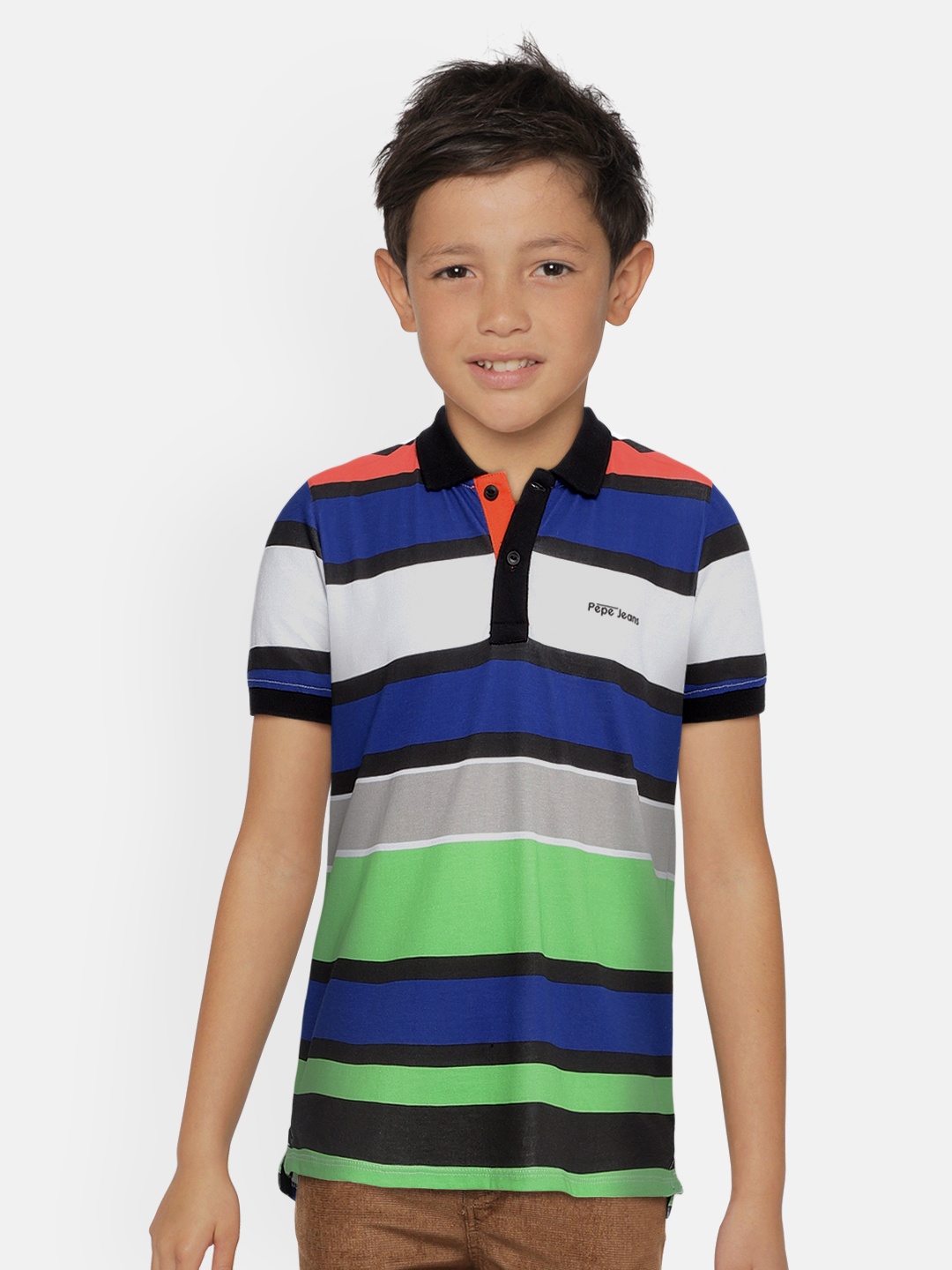 

Pepe Jeans Boys Black Blue Striped Cotton Polo Collar Pure Cotton T-shirt