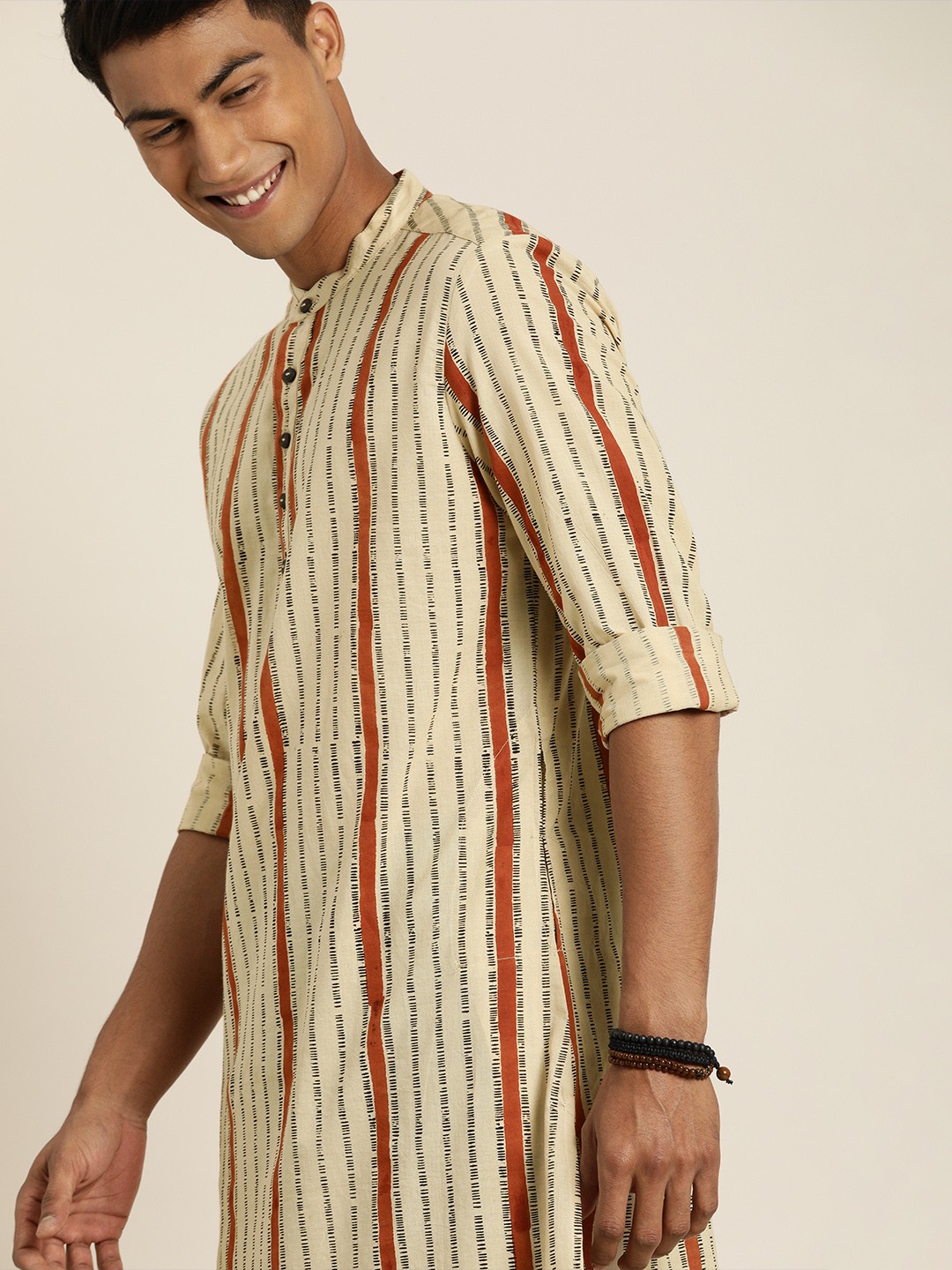 

Taavi Men Beige & Rust Orange Bagru Hand Block Print Straight Kurta with Pockets