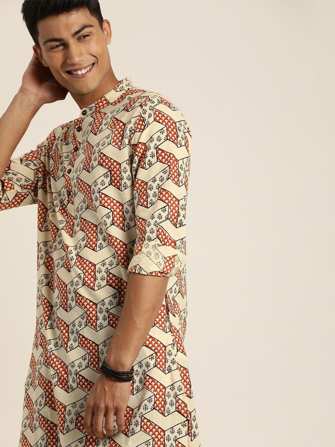 

Taavi Men Beige & Rust Red Bagru Hand Block Print Straight Kurta with Pockets