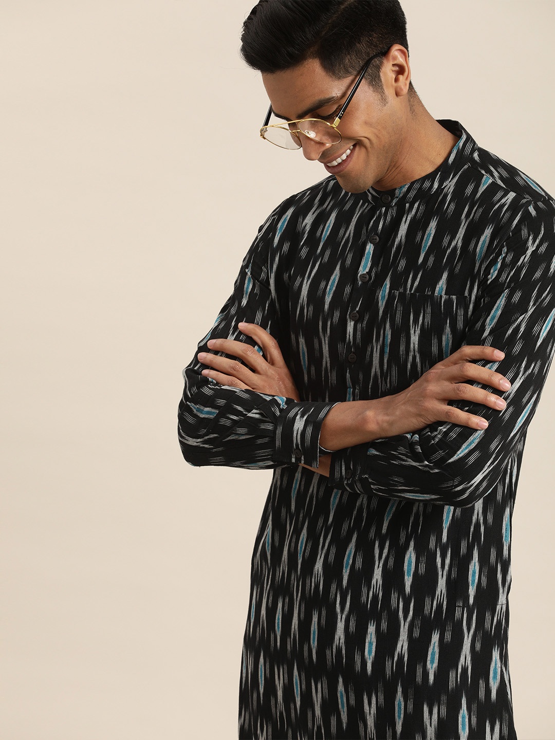 

Taavi Men Navy Blue & Grey Ikat Woven Design Straight Sustainable Kurta