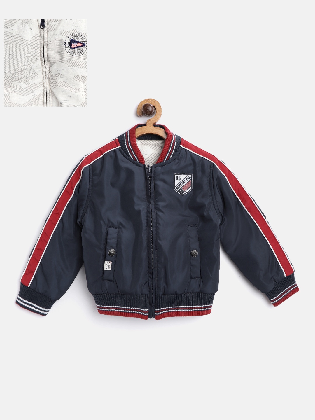 

RUFF Boys Navy Blue & Off-White Reversible Printed Bomber Jacket