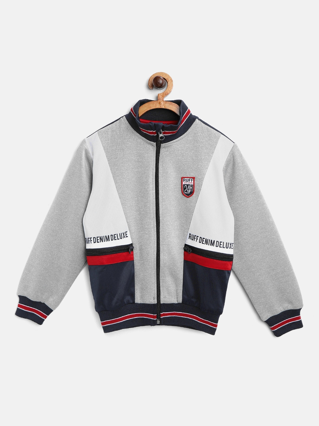 

RUFF Boys Grey Melange & Navy Blue Colourblocked Lightweight Bomber Jacket