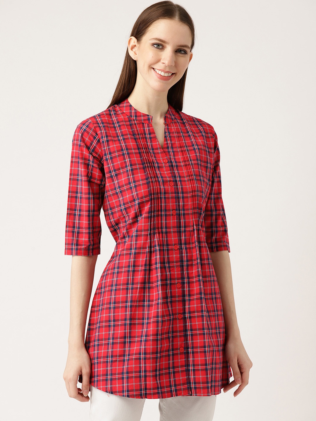 

One Femme Women Red & Navy Blue Checked Tunic