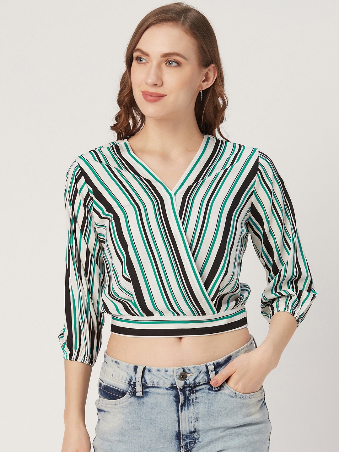 

Style Quotient Women White Striped Wrap Top
