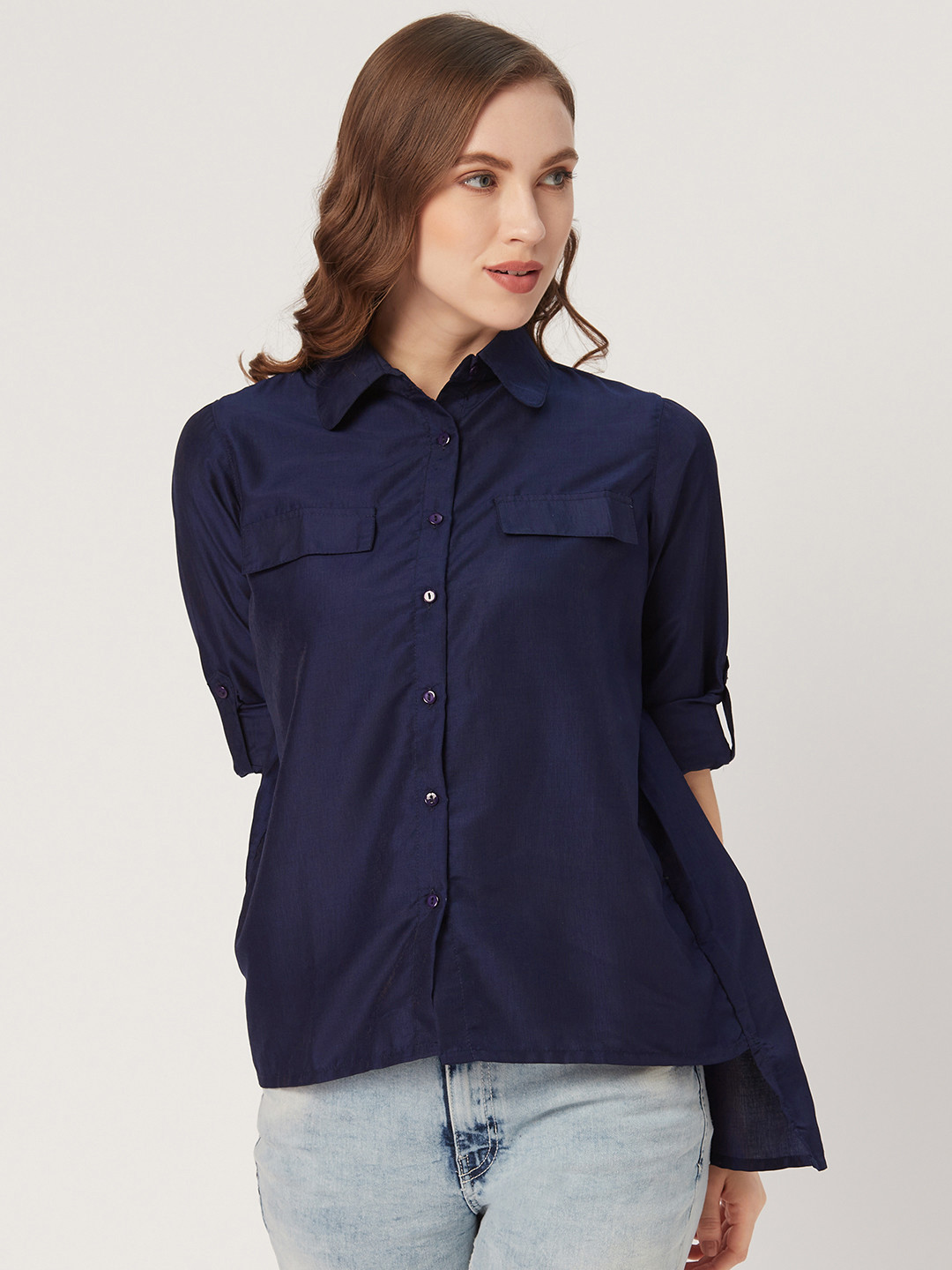 

Style Quotient Women Navy Blue Classic Regular Fit Solid Casual Shirt