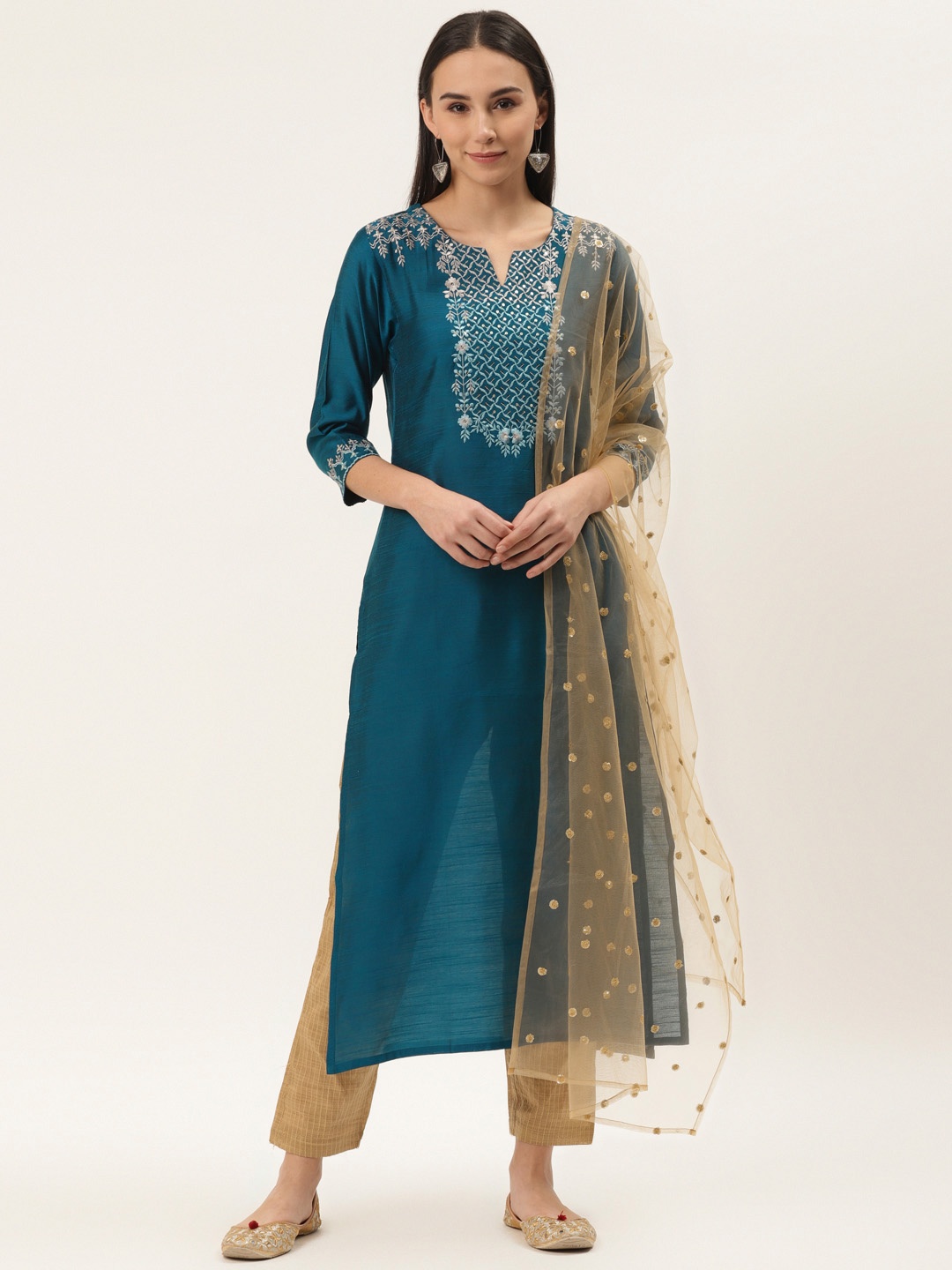 

Varanga Women Teal Blue & Beige Yoke Design Embroidered Kurta with Trousers & Dupatta