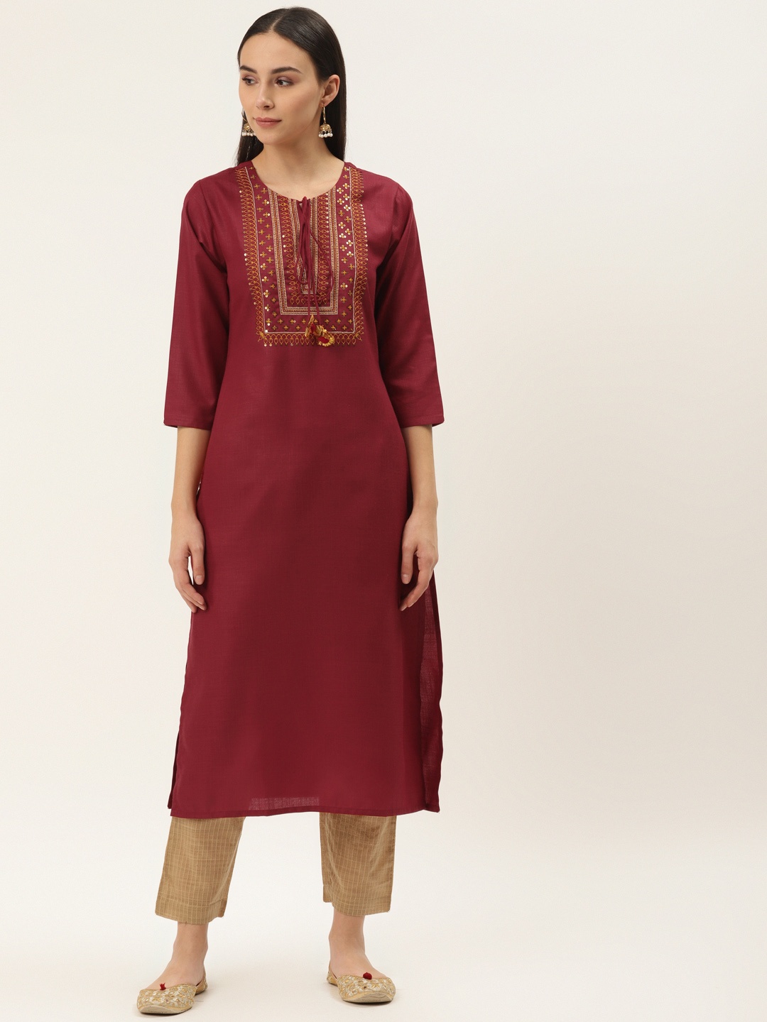 

Varanga Women Maroon & Beige Yoke Design Kurta with Trousers