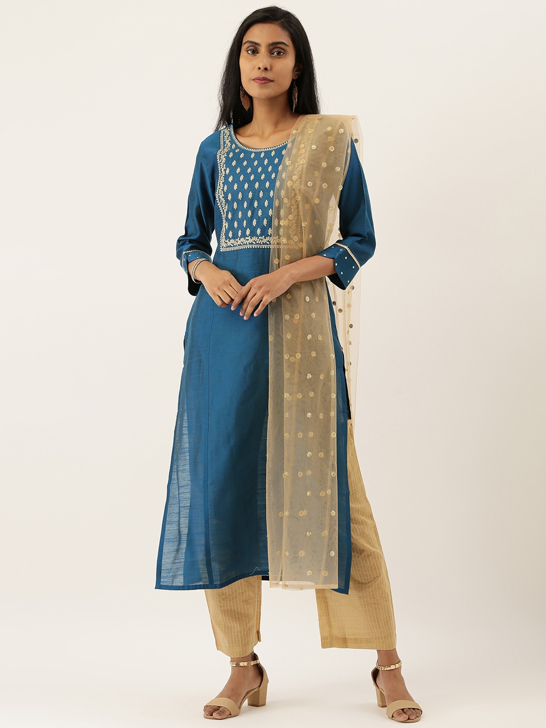 

Varanga Women Teal Blue & Beige Embroidered Yoke Design Kurta with Trousers & Dupatta