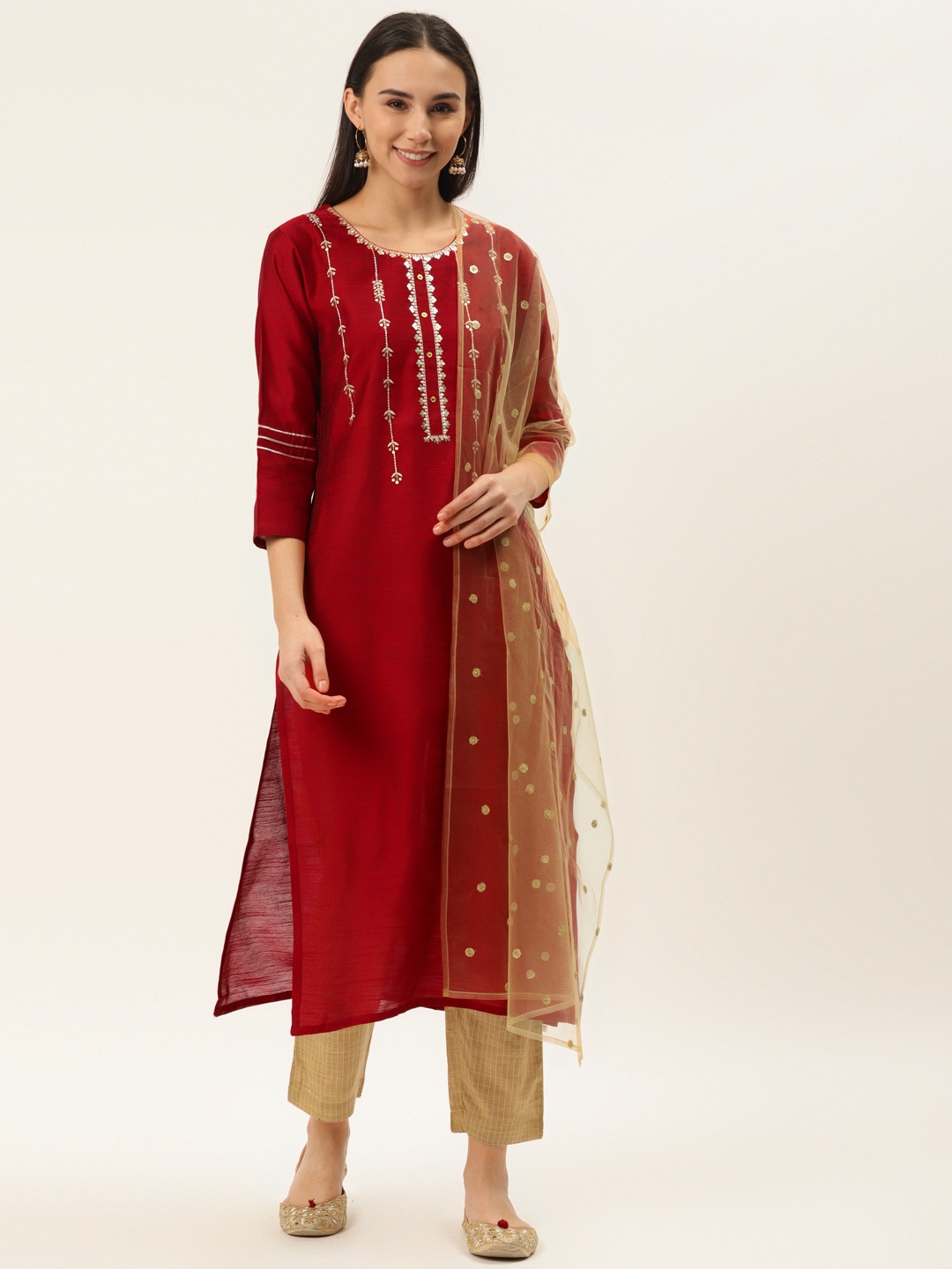 

Varanga Women Maroon & Beige Embroidered Yoke Design Kurta with Trousers & Dupatta