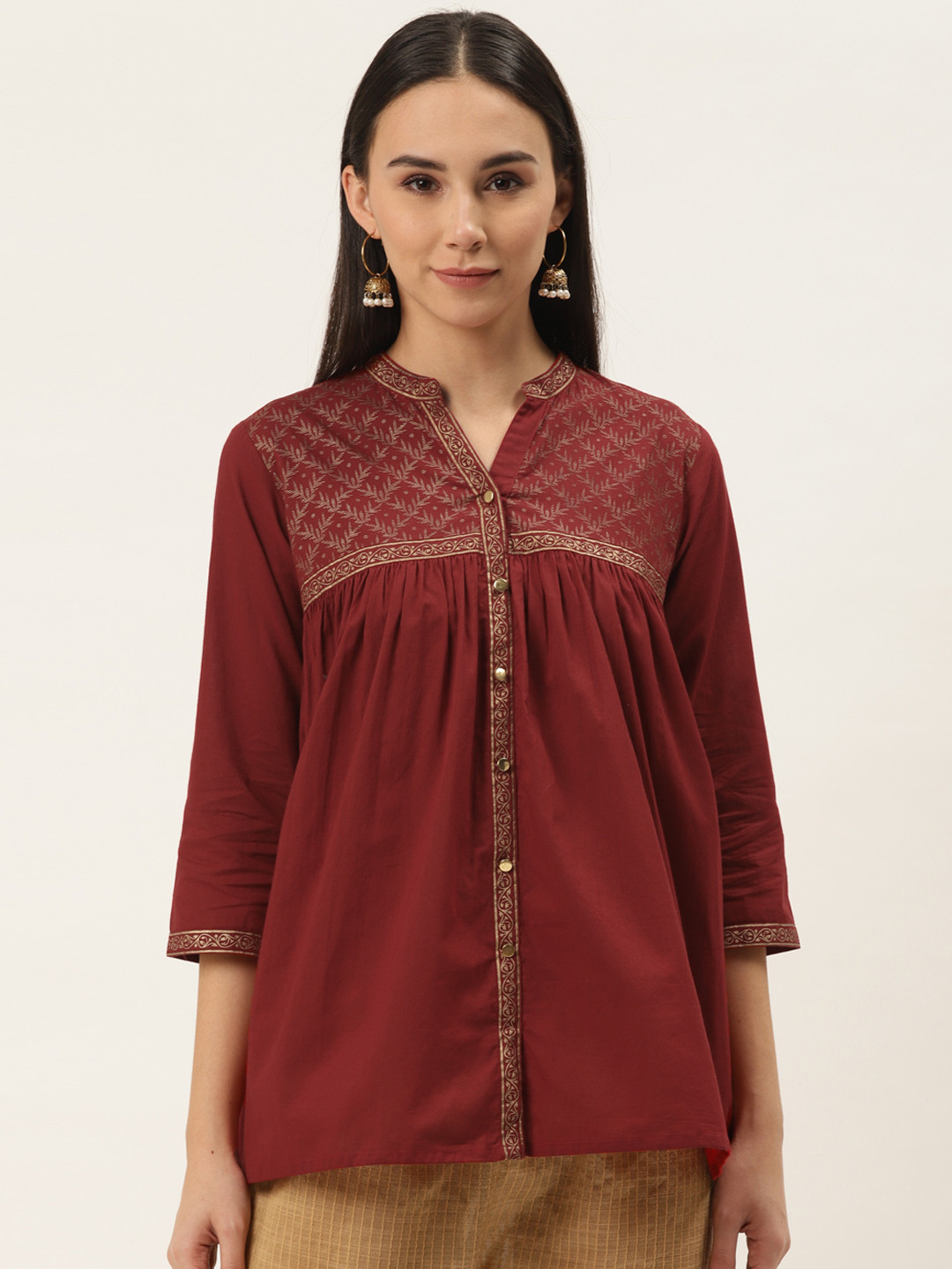 

Varanga Women Maroon Solid Ethnic Shirt Style Top