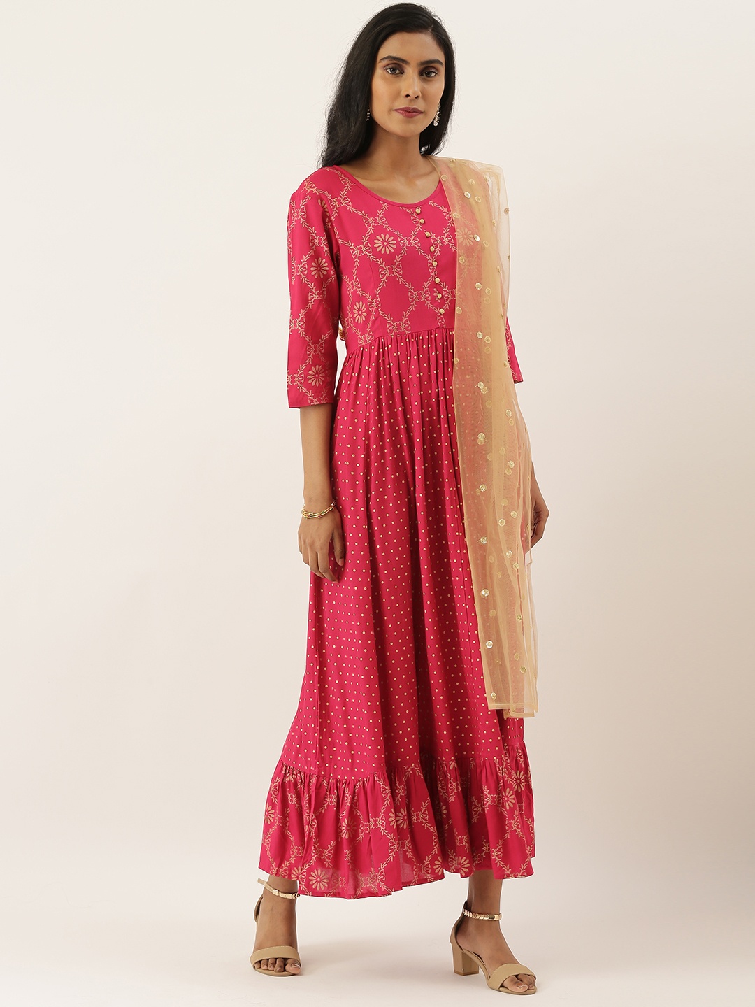 

Varanga Women Magenta Pink & Gold-Toned Printed Anarkali Kurta With Sequins Dupatta