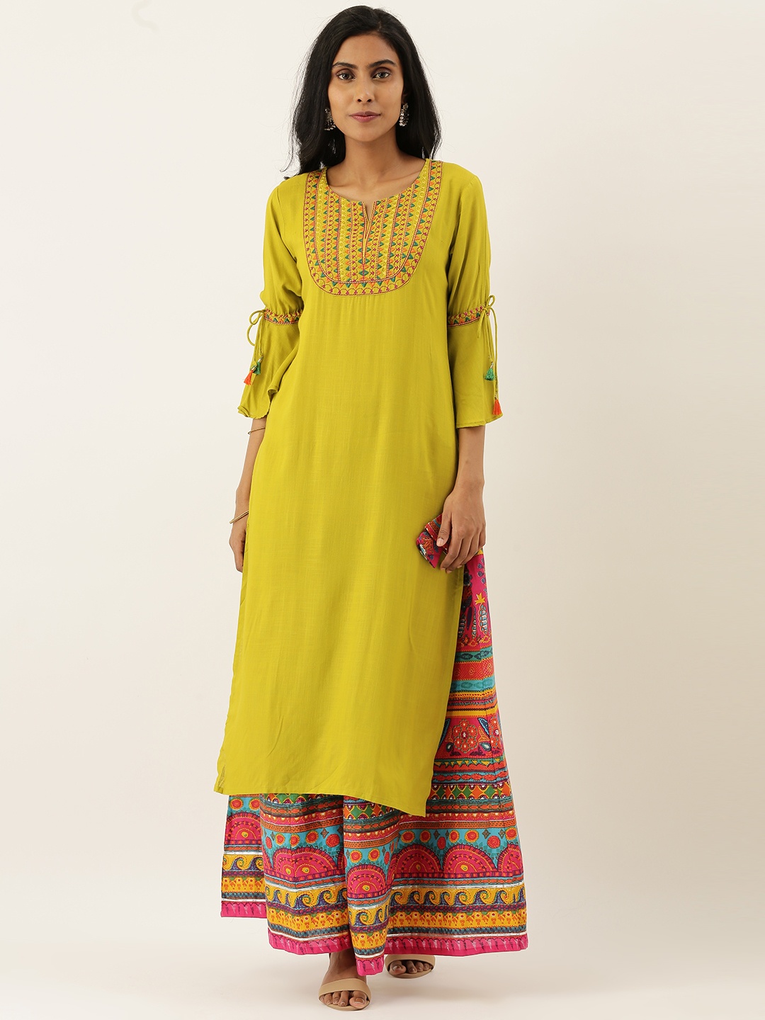 

Varanga Women Lime Green & Multicoloured Embroidered Yoke Design Kurta with Palazzos