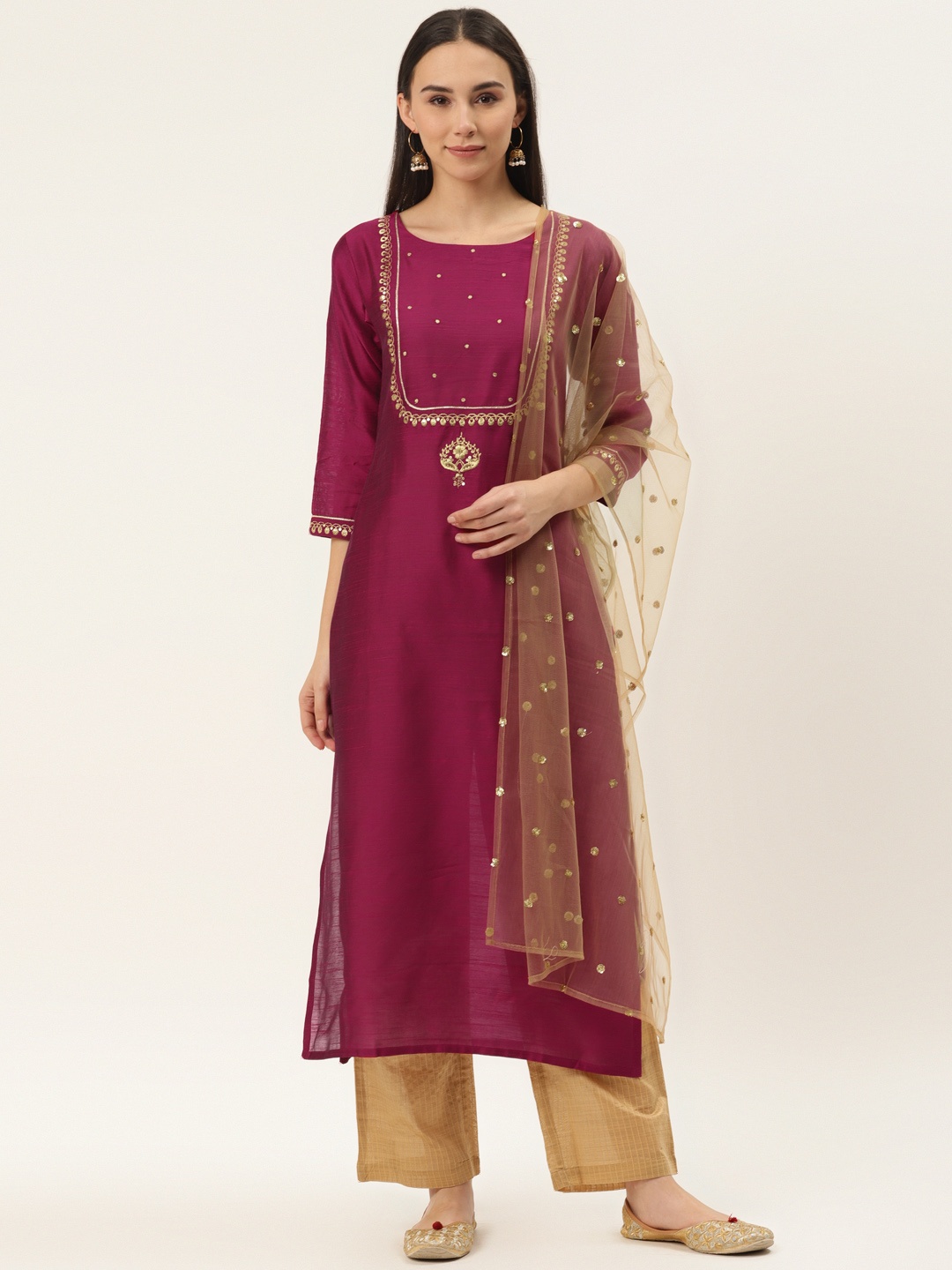 

Varanga Women Magenta & Beige Yoke Design Kurta with Palazzos & Dupatta
