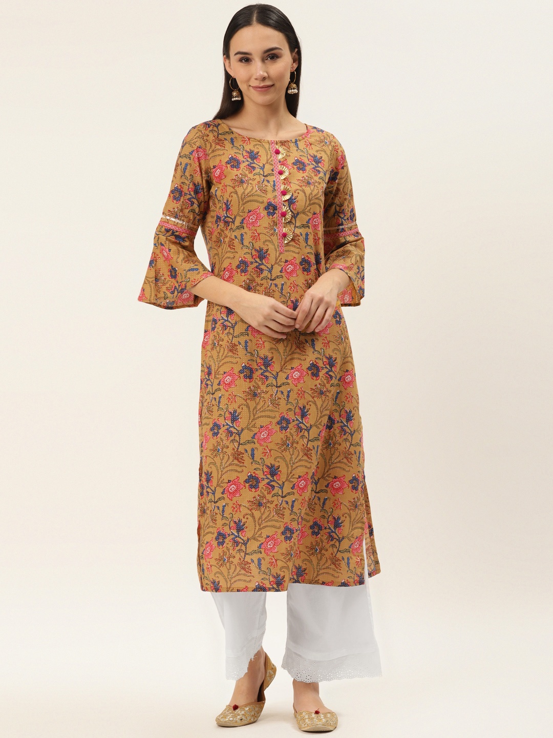 

Varanga Women Mustard Brown & White Pure Cotton Block Print Kurta with Trousers