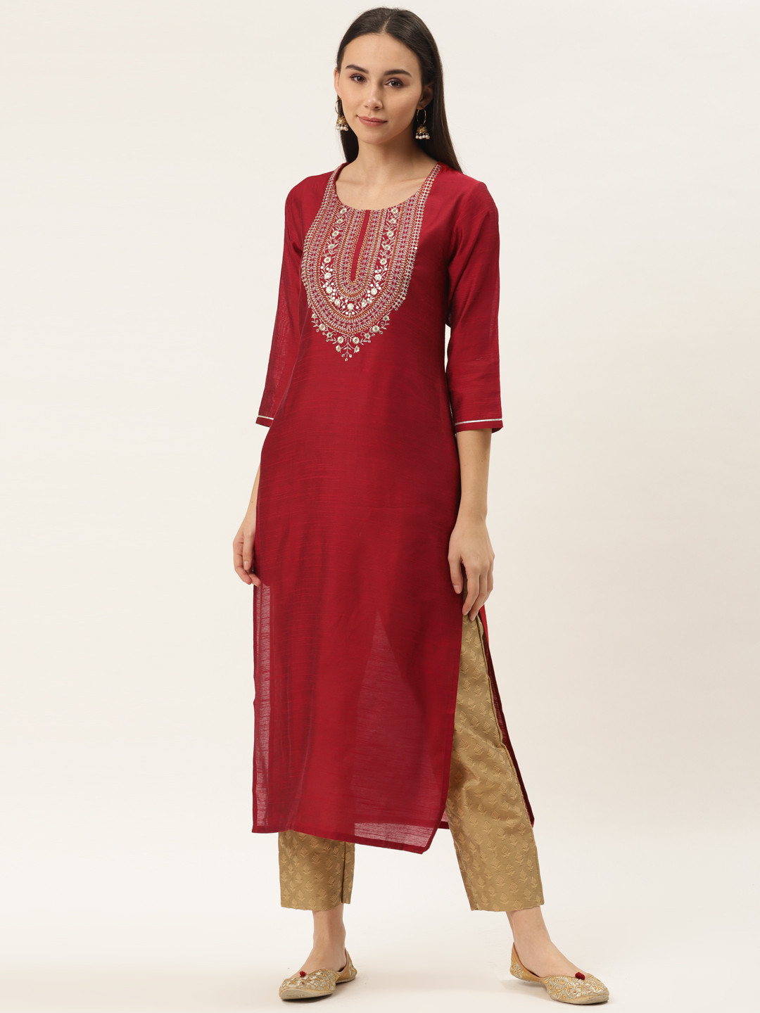 

Varanga Women Red & Beige Yoke Design Kurta with Trousers