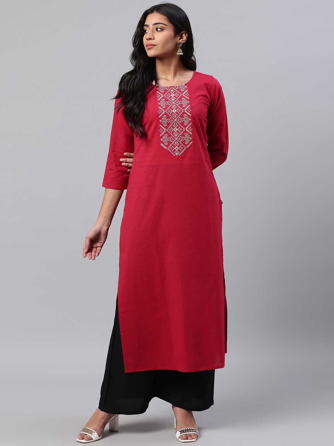 

KSUT Women Red & White Yoke Design Straight Kurta