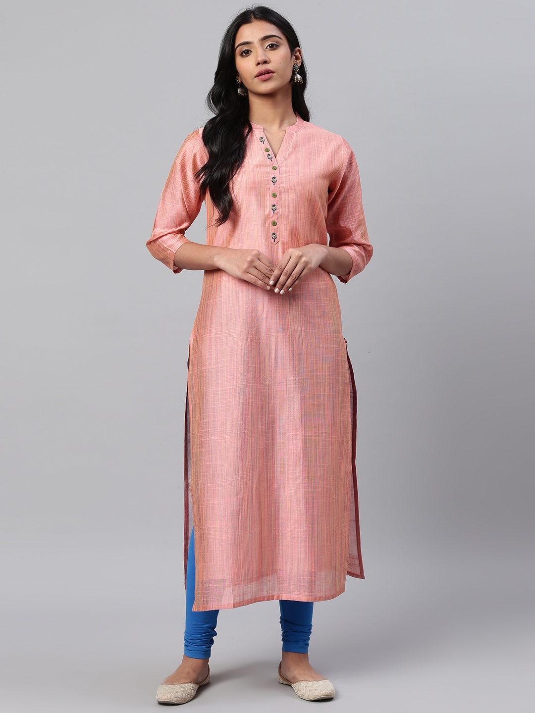 

KSUT Women Peach-Coloured Woven Design Straight Kurta