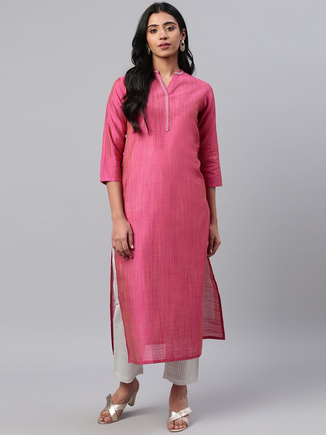 

KSUT Women Pink & Grey Woven Design Kurta with Trousers