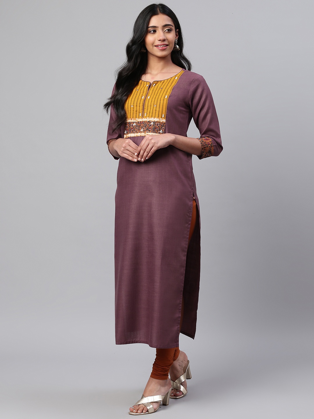 

KSUT Women Purple & Mustard Yellow Screen Printed Yoke Design Straight Kurta