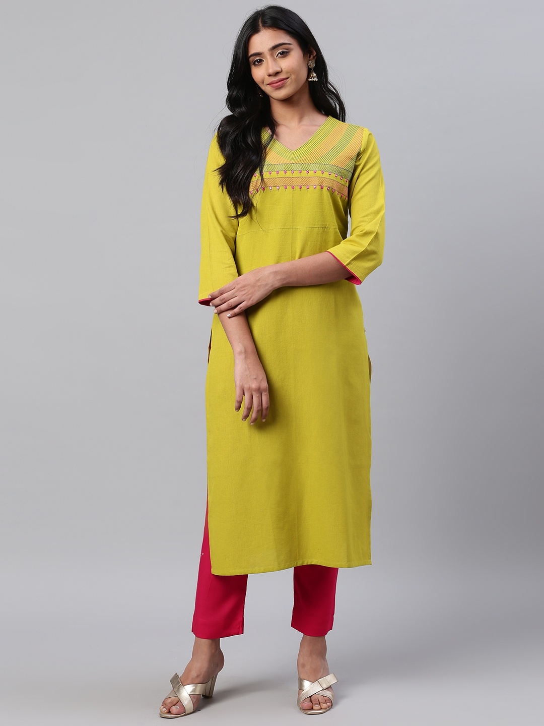 

KSUT Women Lime Green Yoke Design Straight Kurta