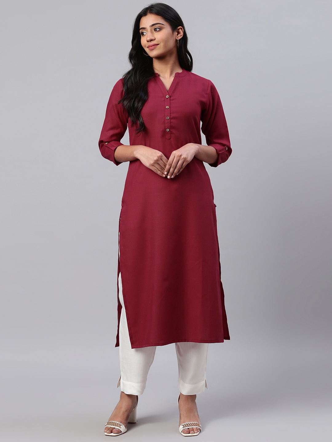 

KSUT Women Burgundy Solid Straight Kurta