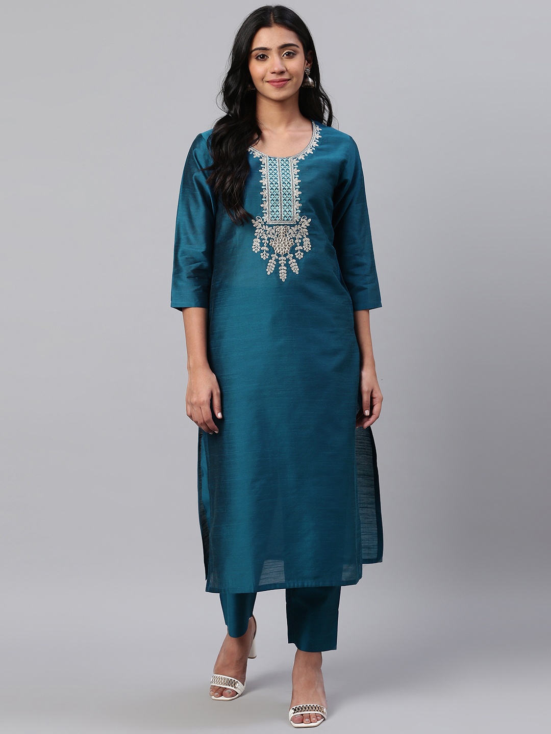 

KSUT Women Teal Blue & Golden Yoke Design Kurta with Trousers