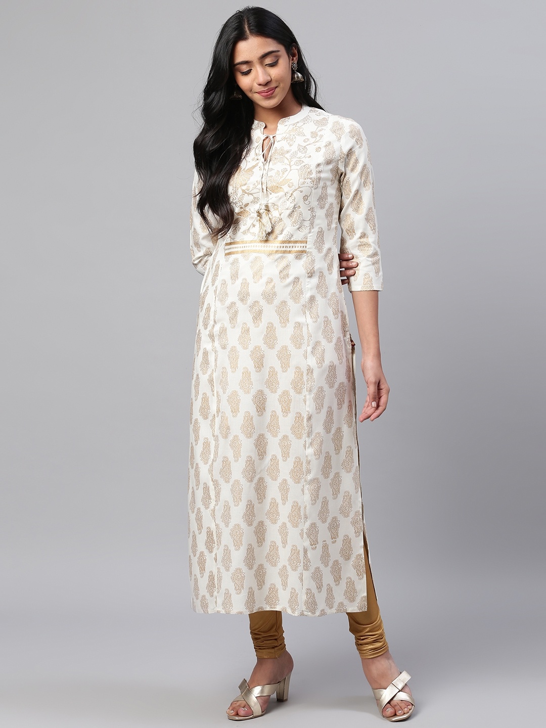 

KSUT Women White & Golden Screen Printed Straight Kurta