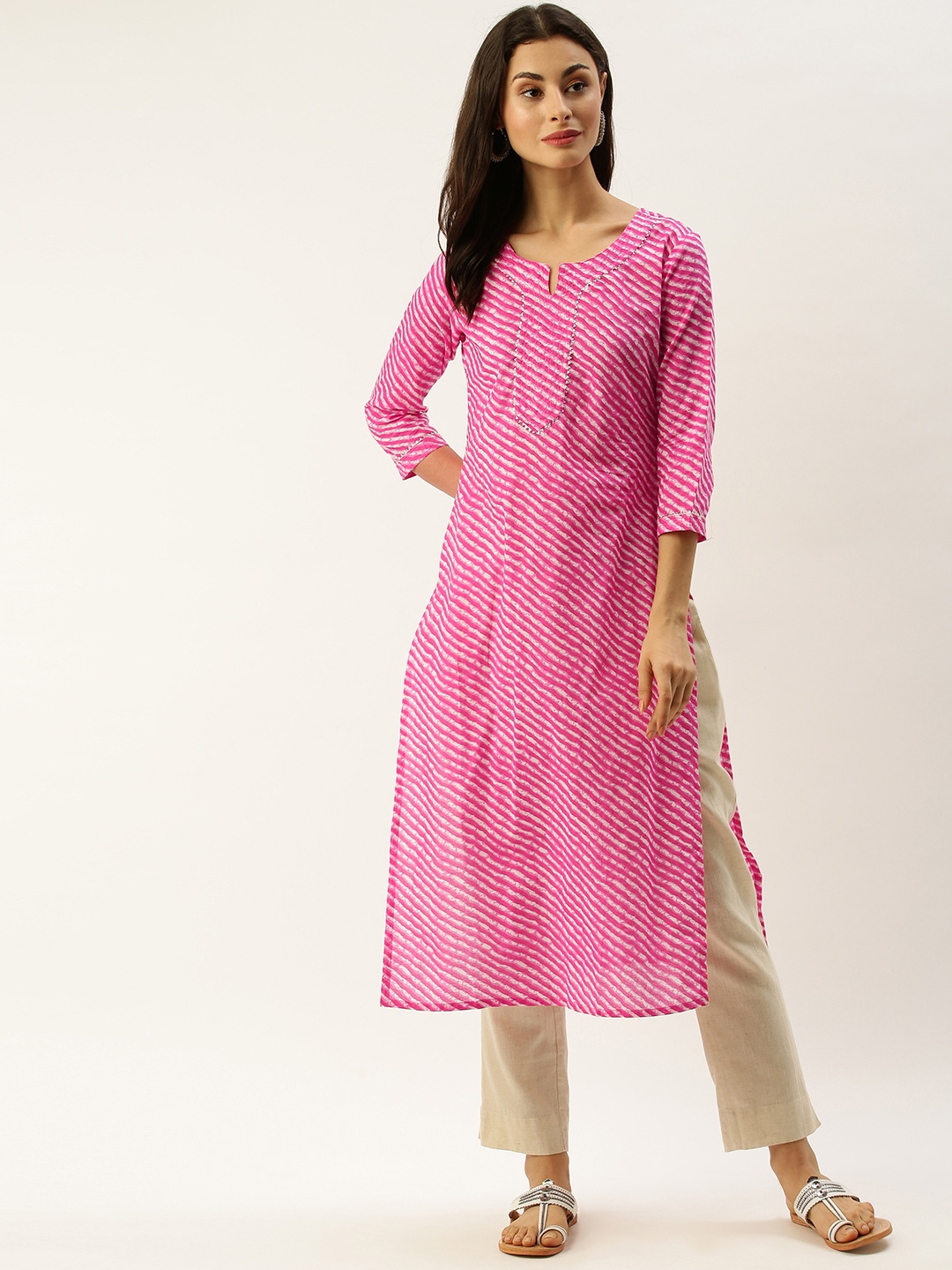 

Rajnandini Women Pink & White Striped Straight Kurta
