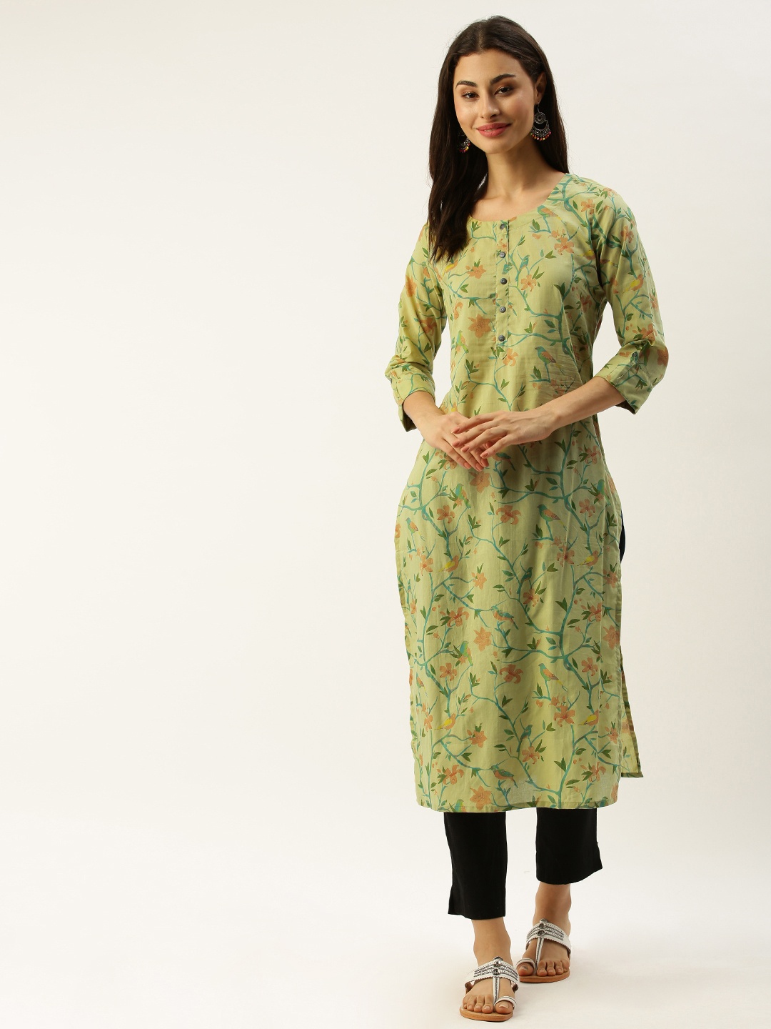 

Rajnandini Women Olive Green & Blue Printed Straight Kurta