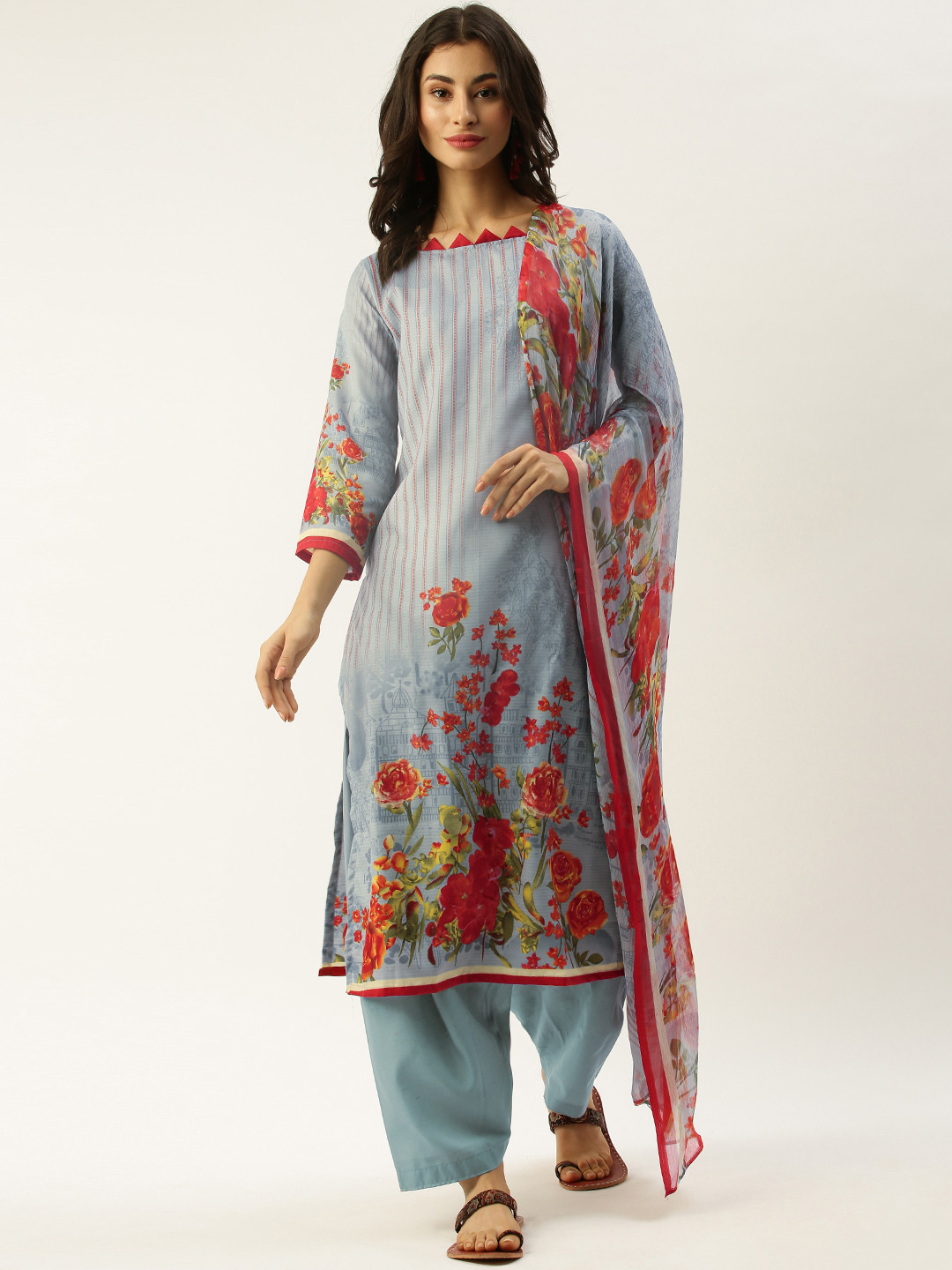 

Rajnandini Grey & Red Cotton Blend Unstitched Dress Material