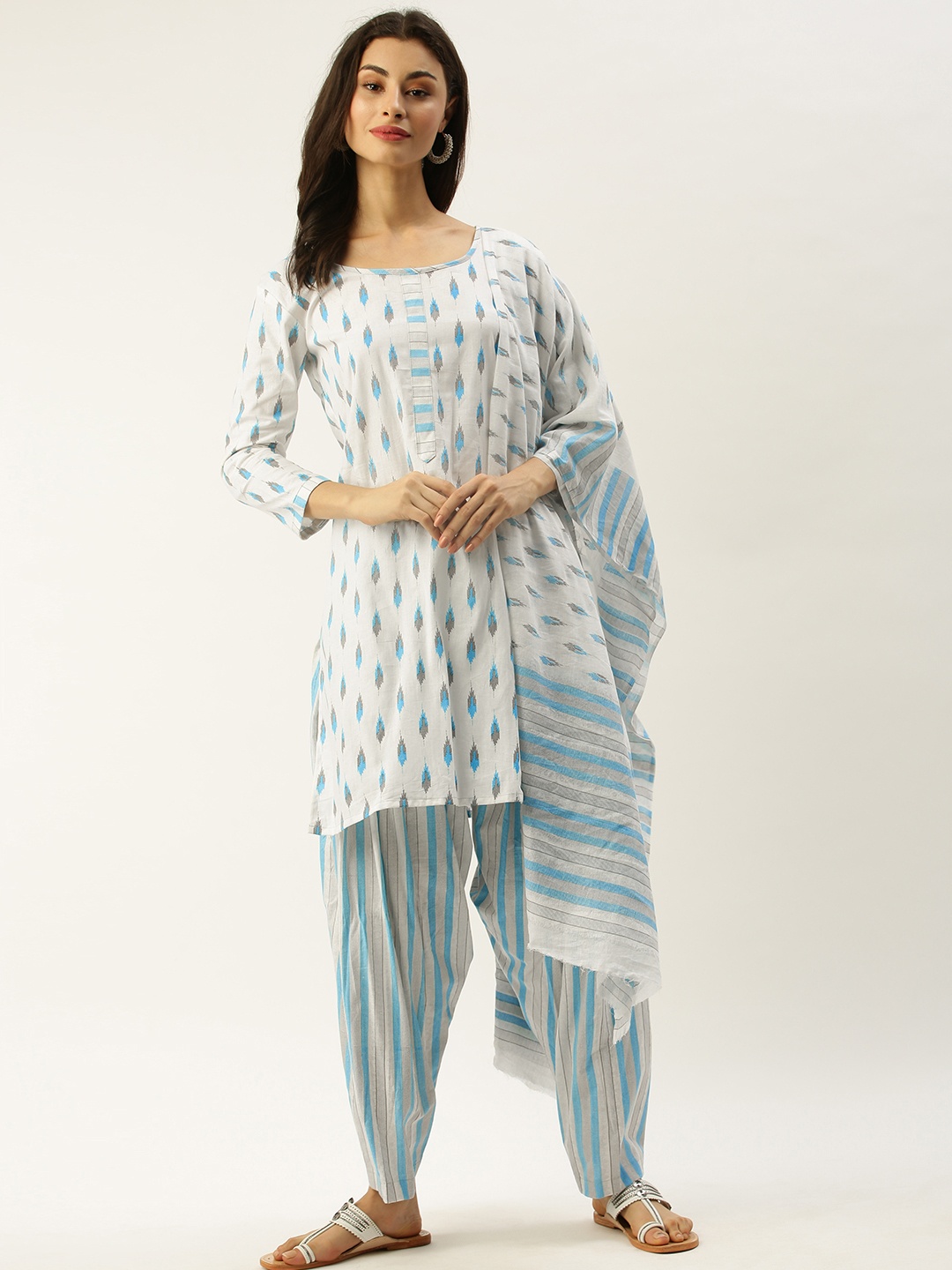 

Rajnandini White & Blue Pure Cotton Unstitched Dress Material