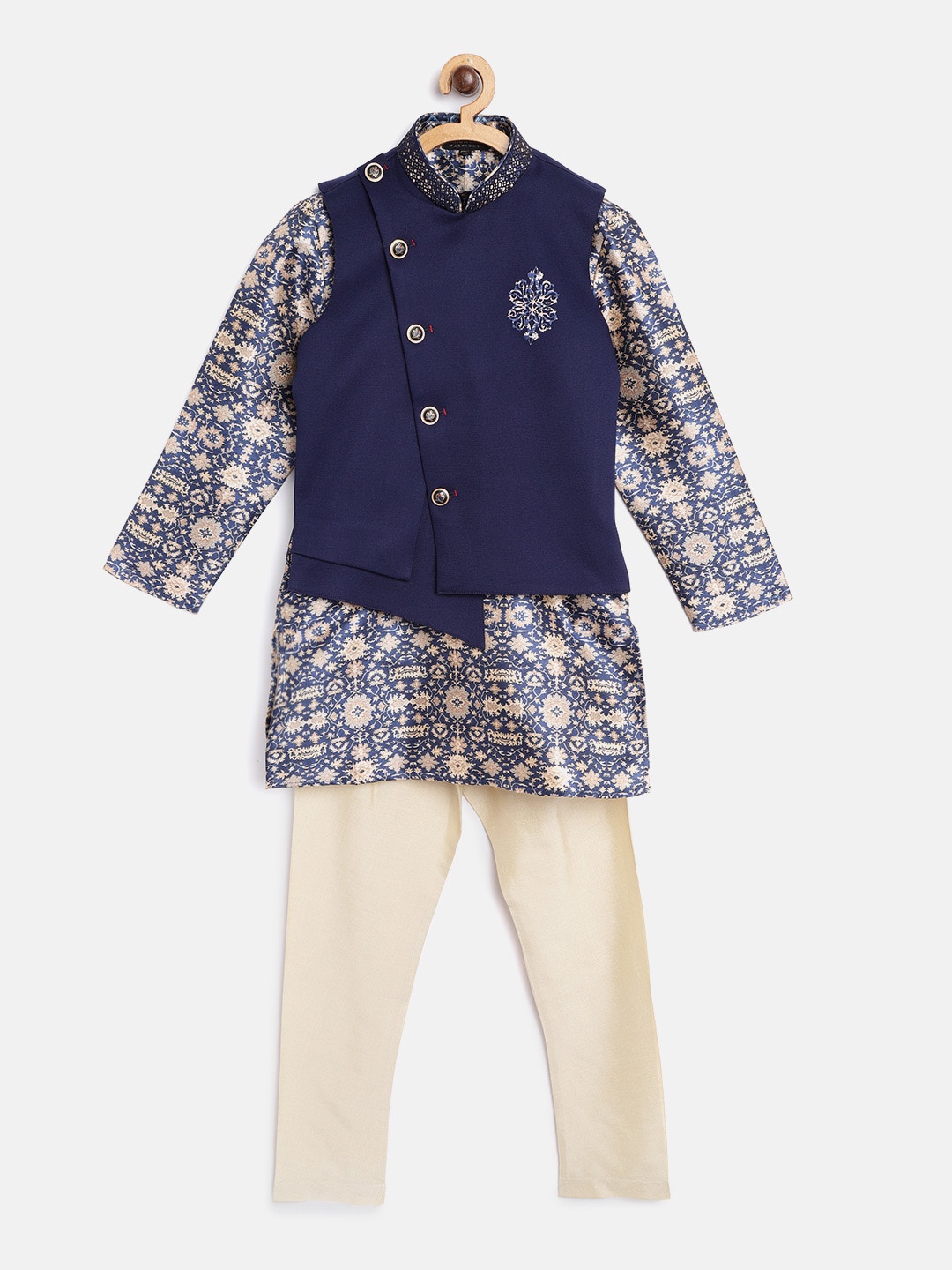 

Readiprint Fashions Boys Navy Blue & Beige Floral Kurta with Solid Churidar & Nehru Jacket