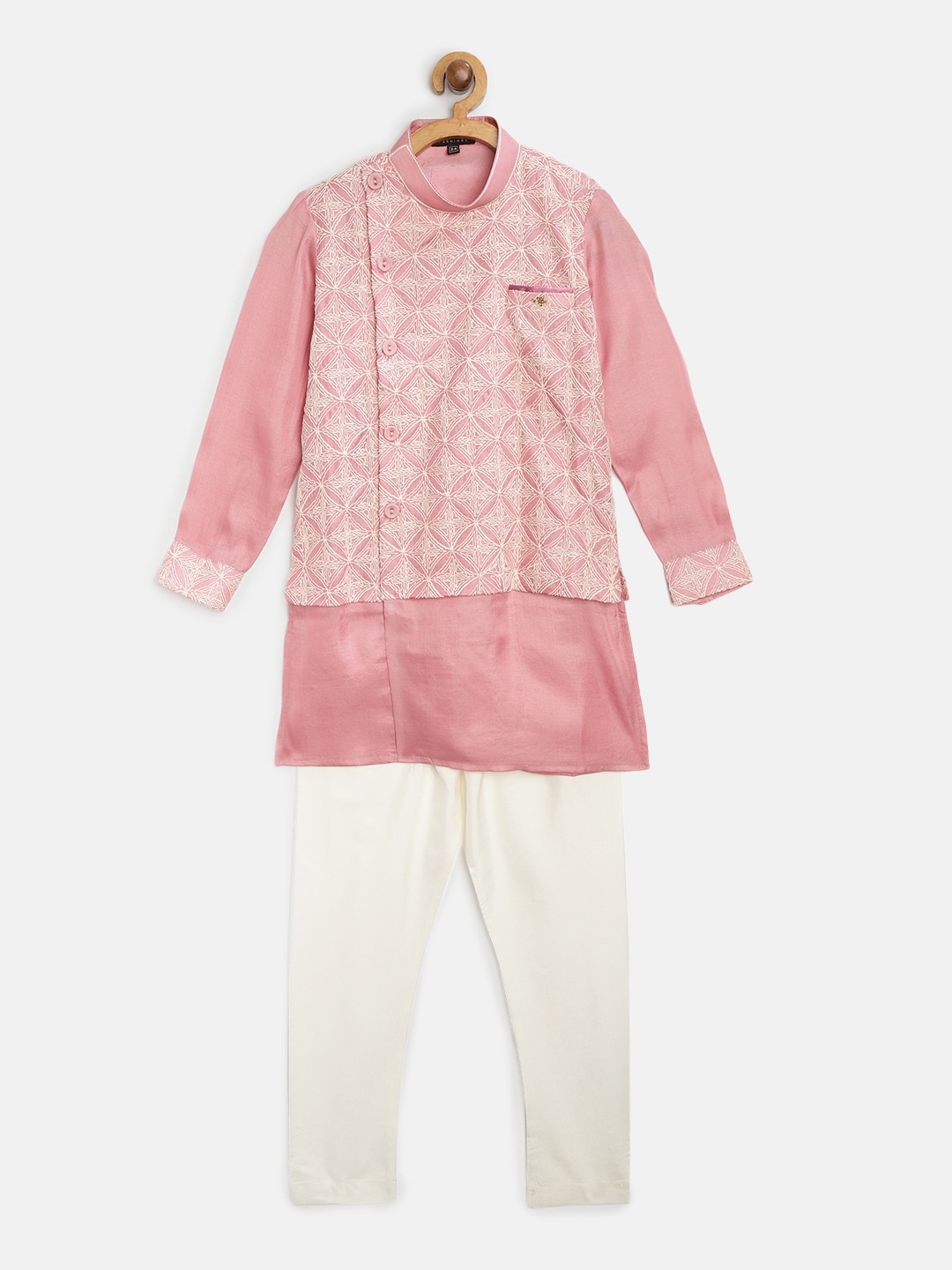 

Readiprint Fashions Boys Pink & White Embroidered Angrakha Kurta with Pyjamas