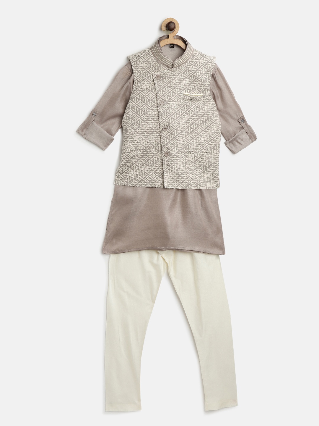 

Readiprint Fashions Boys Grey & Off-White Solid Kurta with Churidar and Jacket