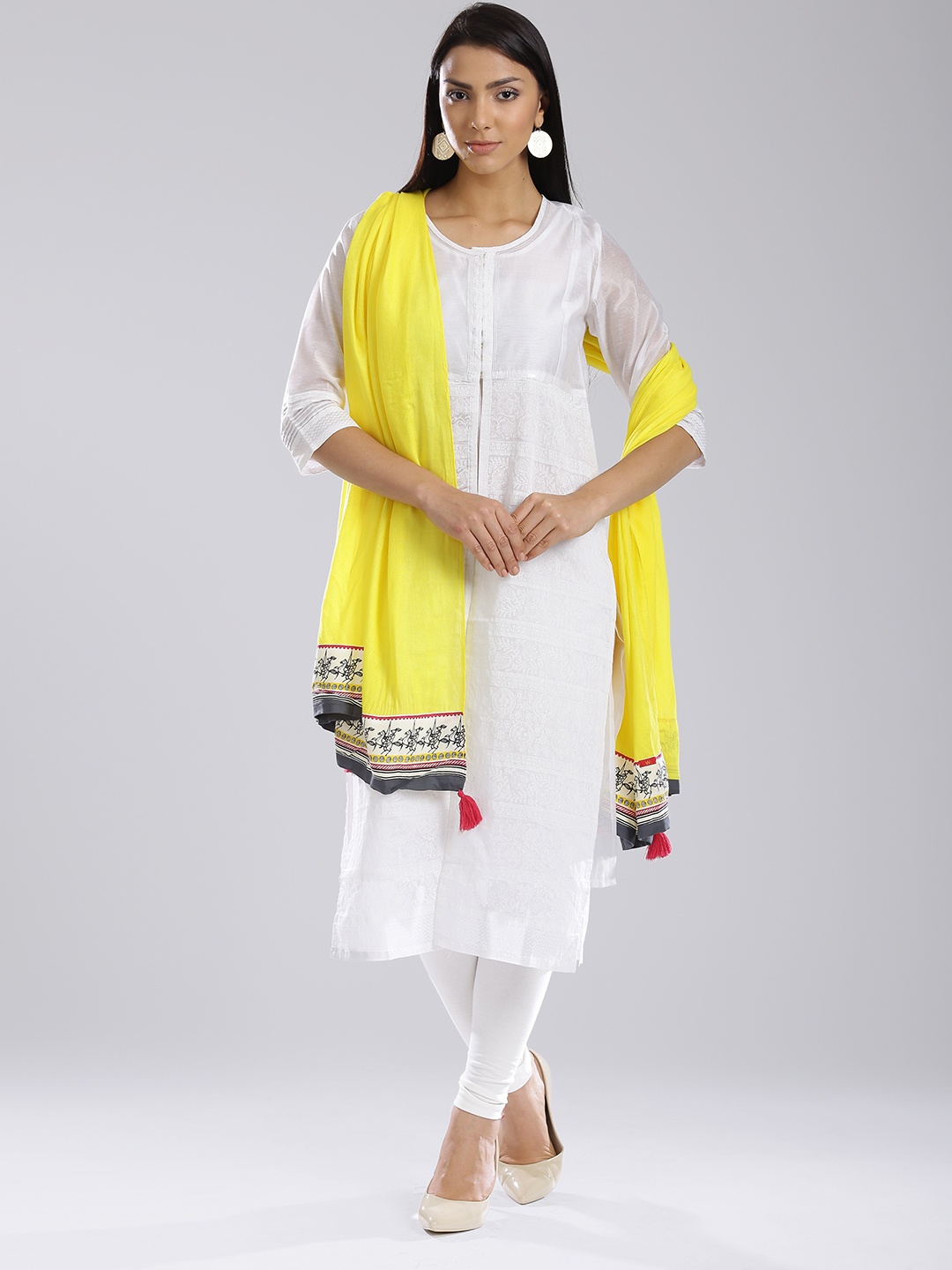

W Women Yellow Solid Cotton Dupatta with Printed Detail
