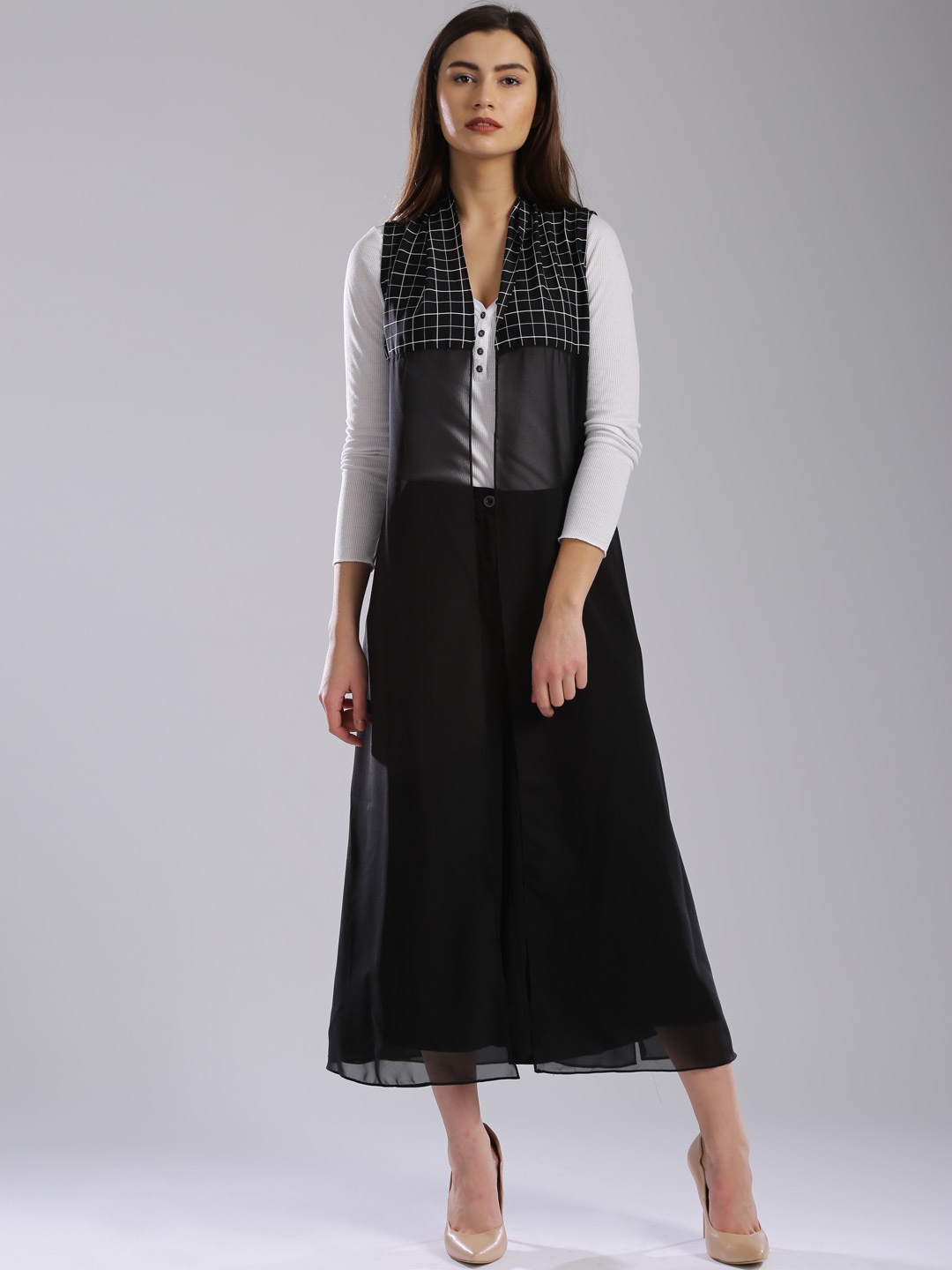 

W Black Polyester Checked Sheer A-Line Shrug