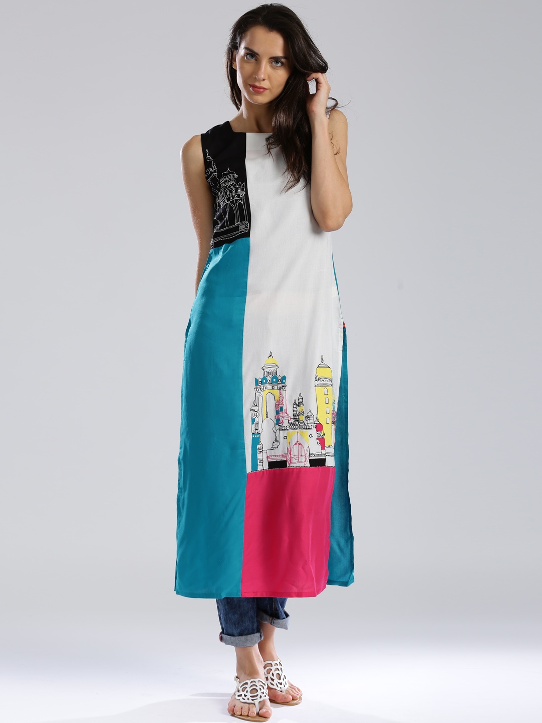 

W White & Blue Colourblocked with Quirky Embroidered Detail Kurta