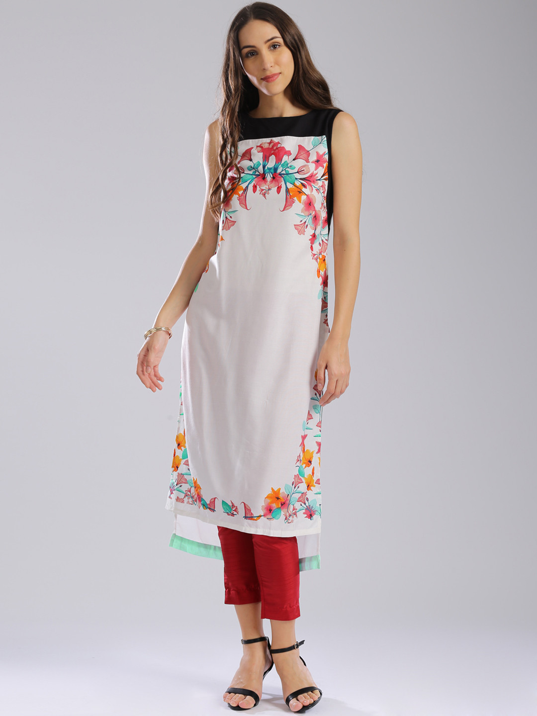 

W White & Mint Green Floral Print Kurta