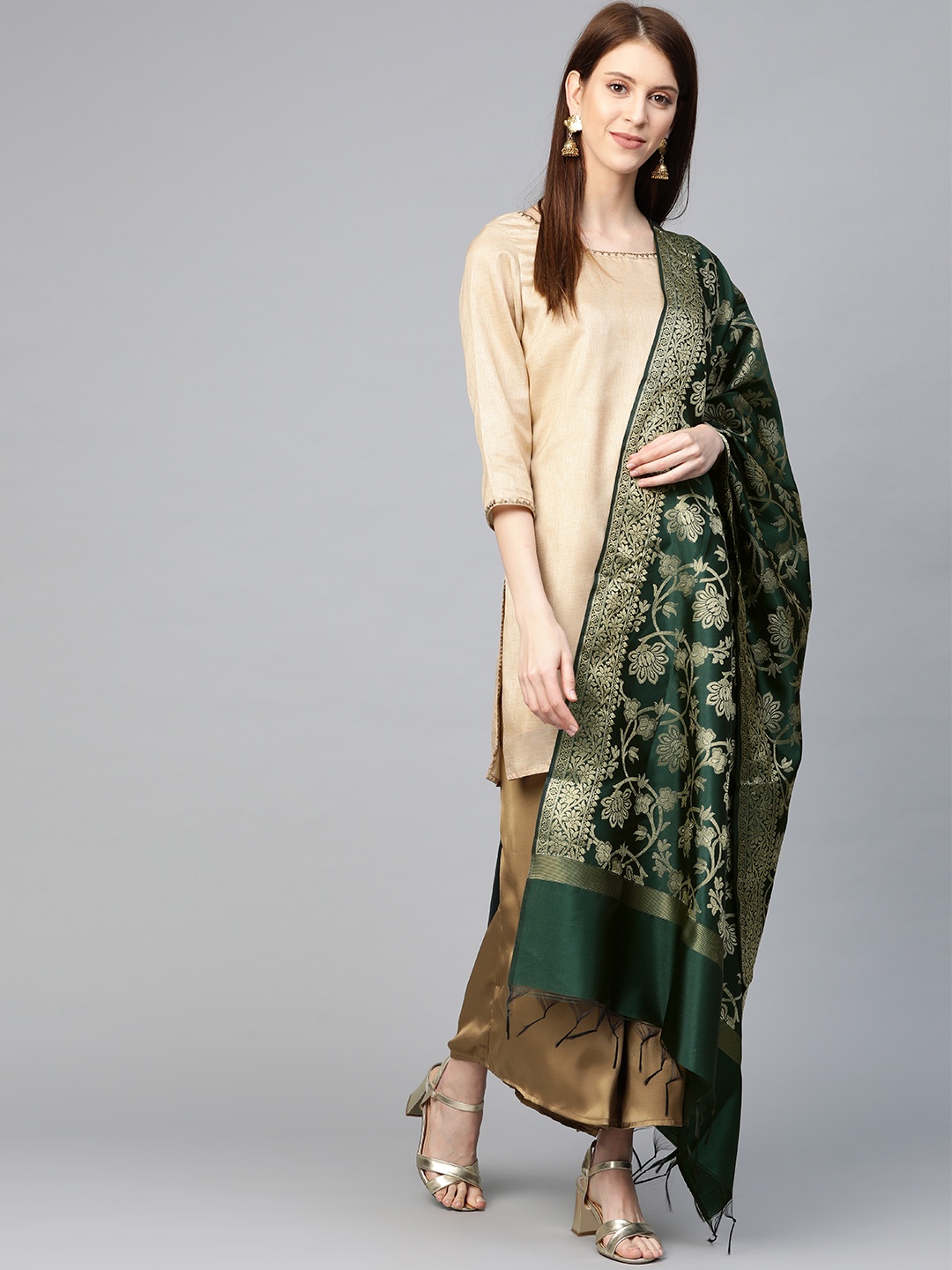 

swatika Green & Golden Zari Woven Design Handloom Banarasi Dupatta