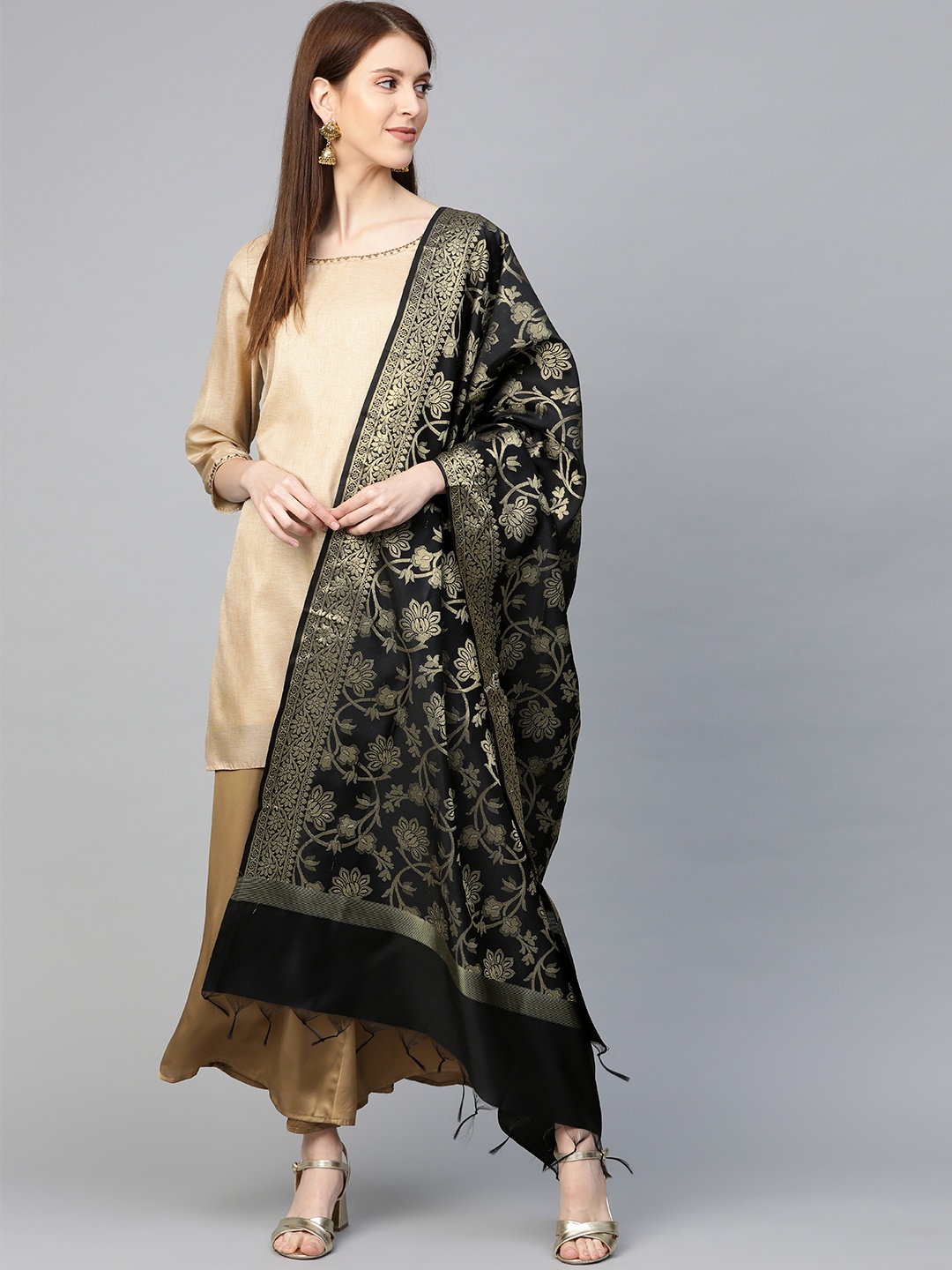 

swatika Black & Golden Zari Woven Design Handloom Banarasi Dupatta