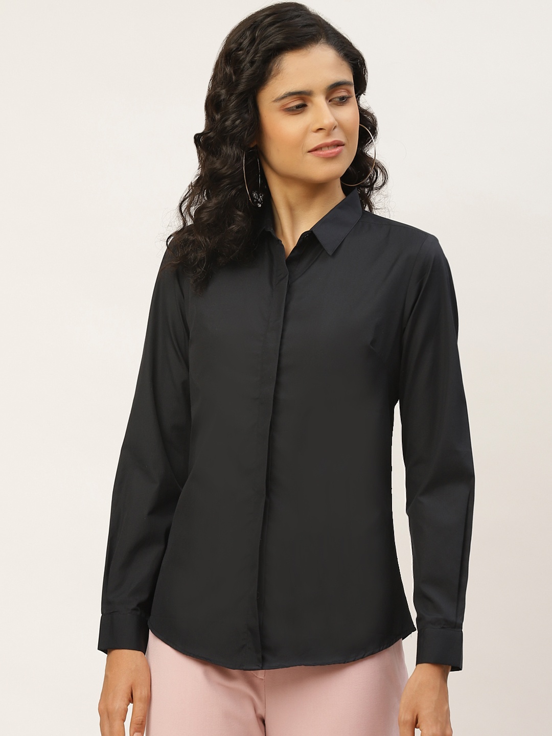 

Hancock Women Black Solid Pure Cotton Slim Fit Formal Shirt
