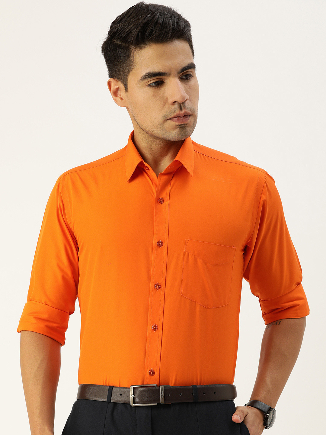 

English Navy Men Orange Slim Fit Solid Easy Iron Formal Shirt