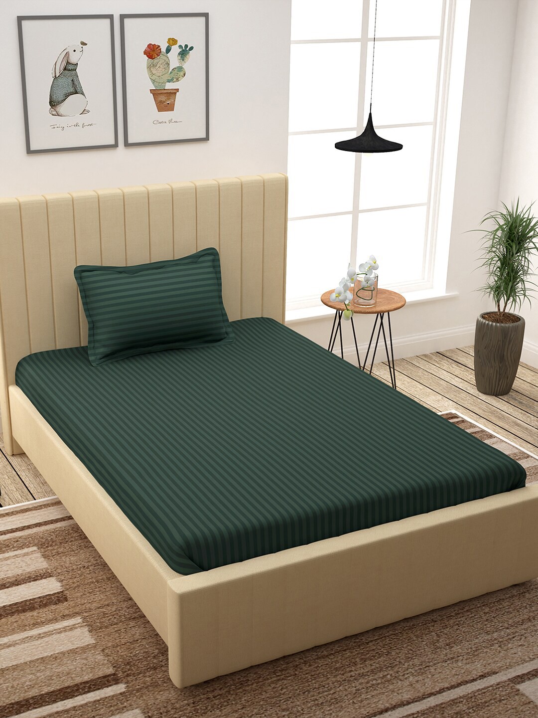 

Story@home Green Striped 300 TC Cotton 1 Single Bedsheet with 1 Pillow Covers