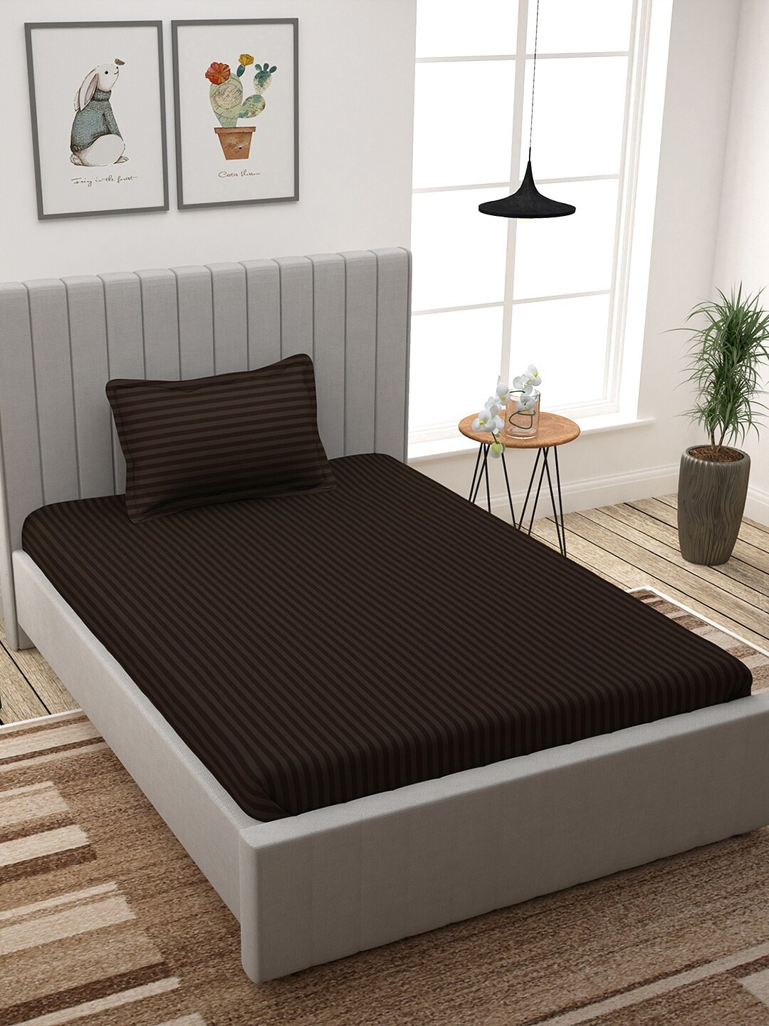 

Story@home Brown Striped 300 TC Cotton 1 Single Bedsheet with 1 Pillow Cover