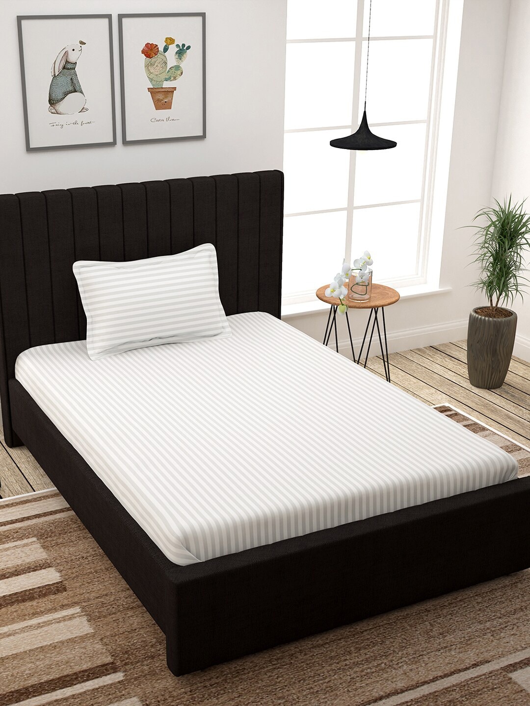 Story@home White Striped 300 TC Cotton 1 Single Bedsheet with 1 Pillow Covers
