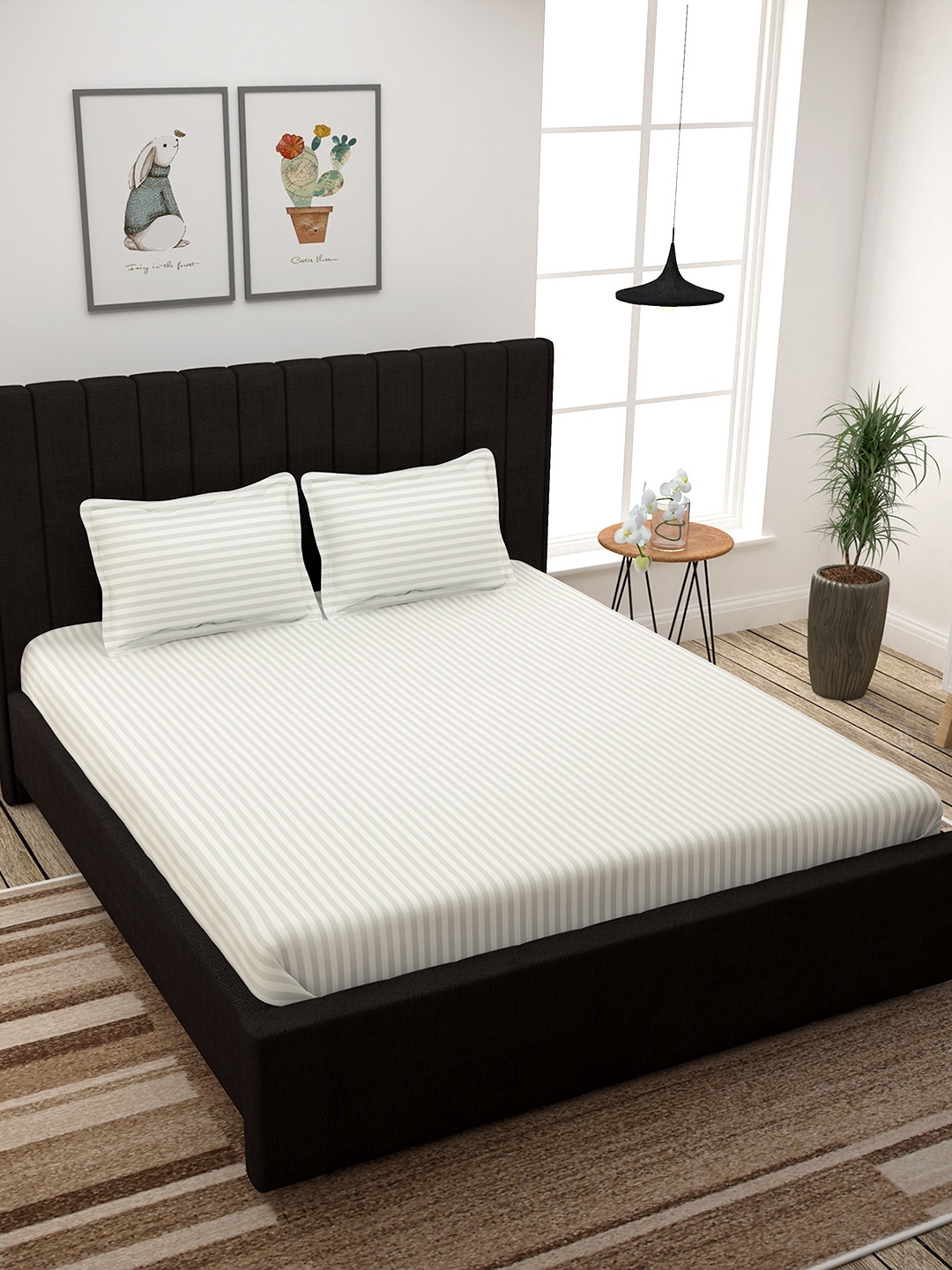 

Story@home White & Grey Self-Striped 300 TC Cotton 1 King Bedsheet with 2 Pillow Covers