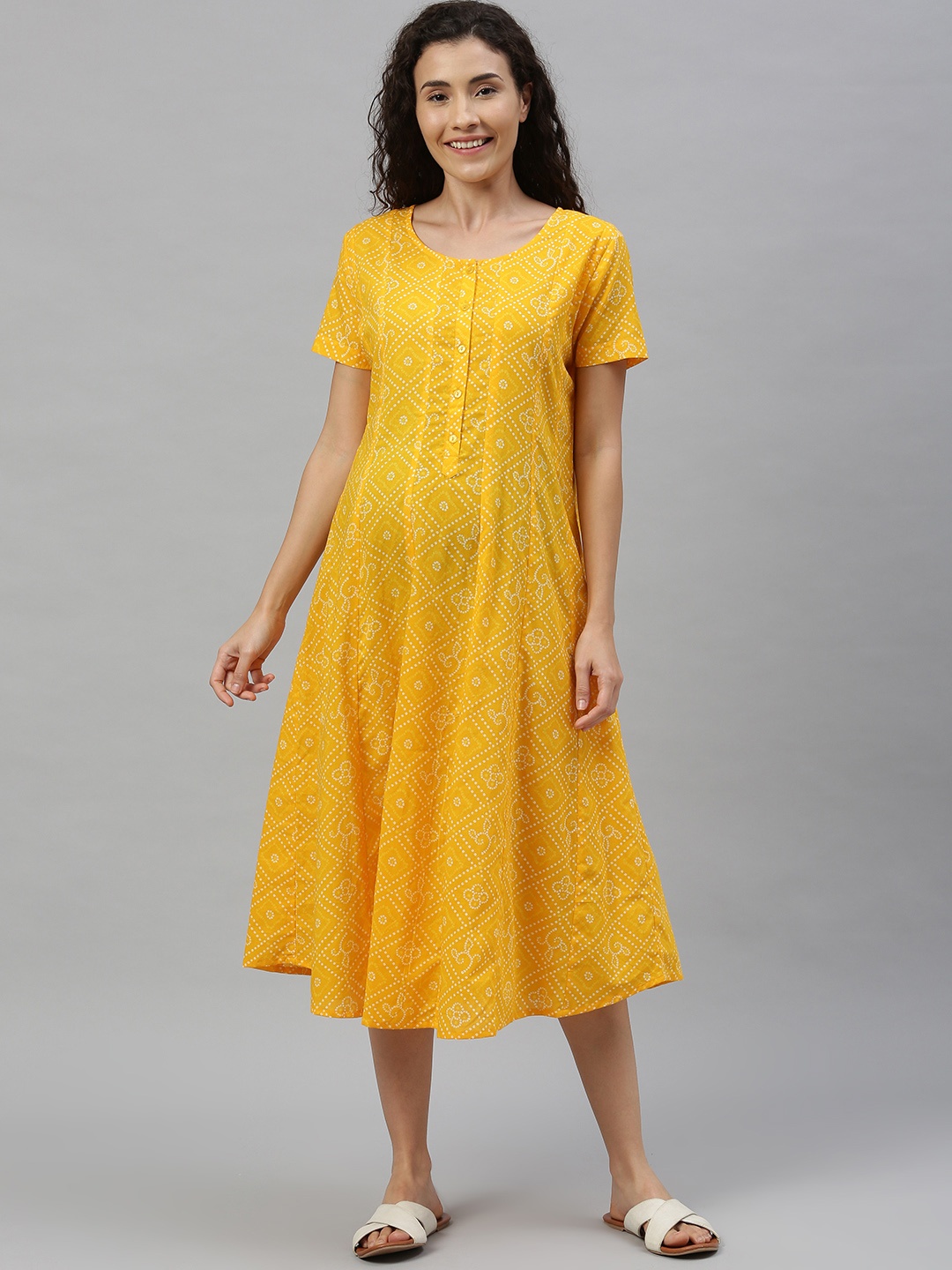 

Nejo Women Yellow Printed A-Line Maternity Kurta