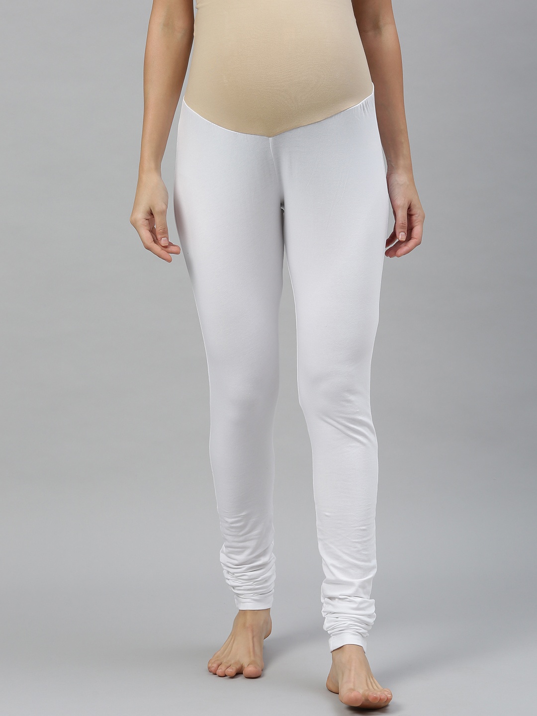 

Nejo Women White Solid Maternity Churidar With Belly Band